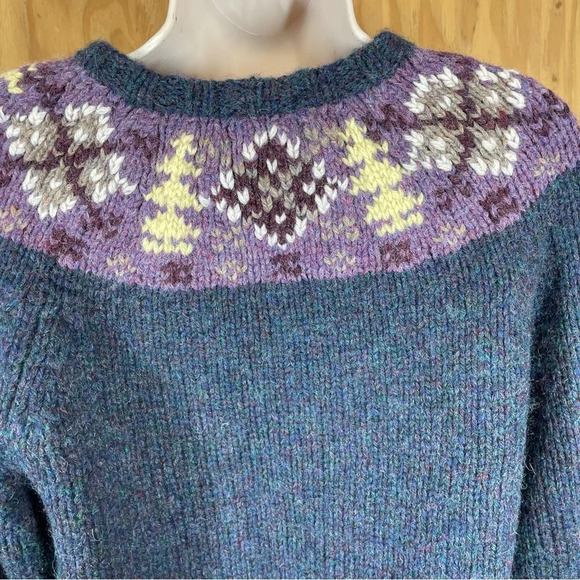 Vintage Lands’ End Shetland wool sweater hand knit fair isle purple blue medium - Picture 3 of 8